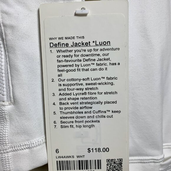 lululemon Define Jacket *Luon in White Size 6 Brand New NWT - Picture 7 of 9